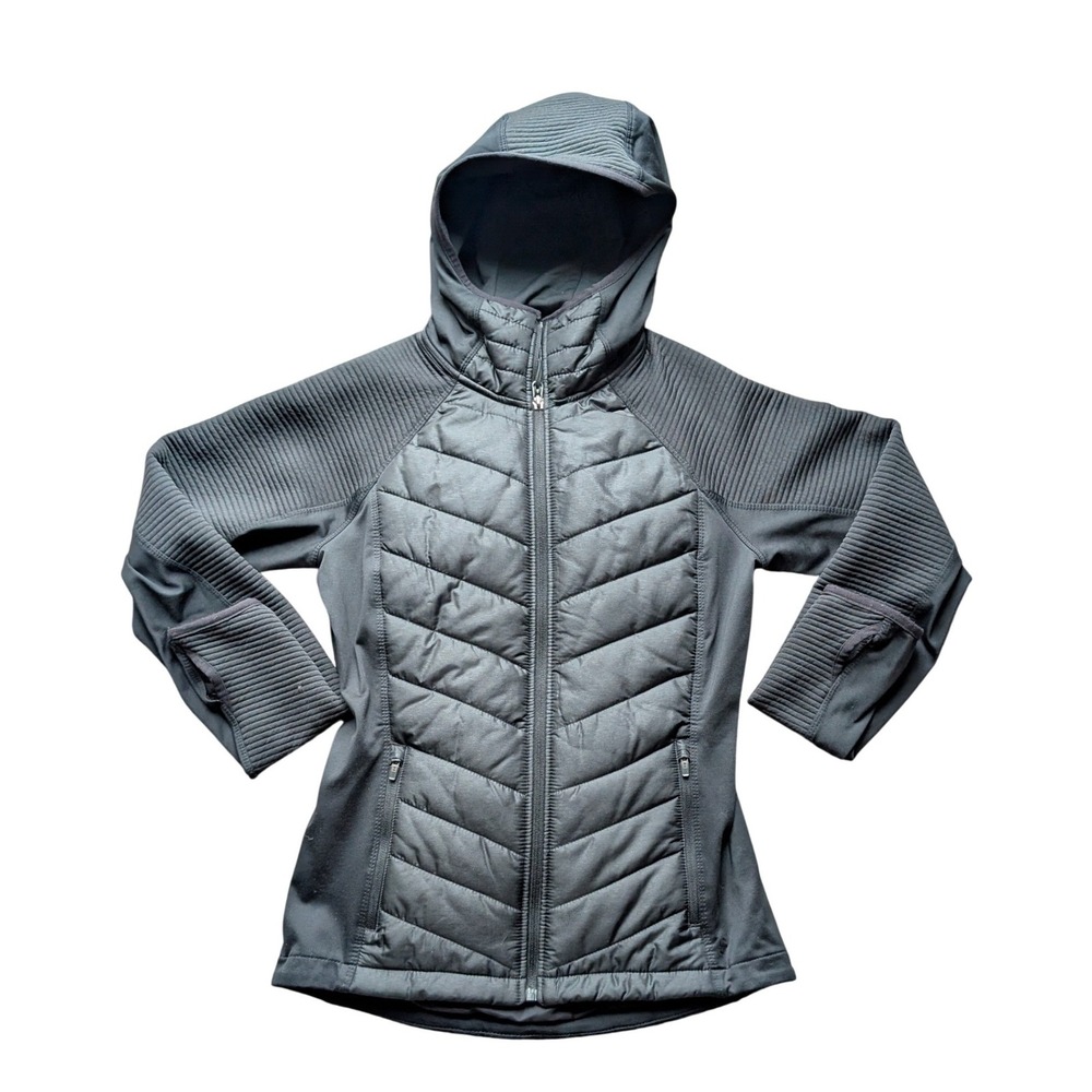 H&M Sport Quilted Hooded Jacket S Black Athletic Zip Up Thumbholes Activewear - Picture 2 of 13